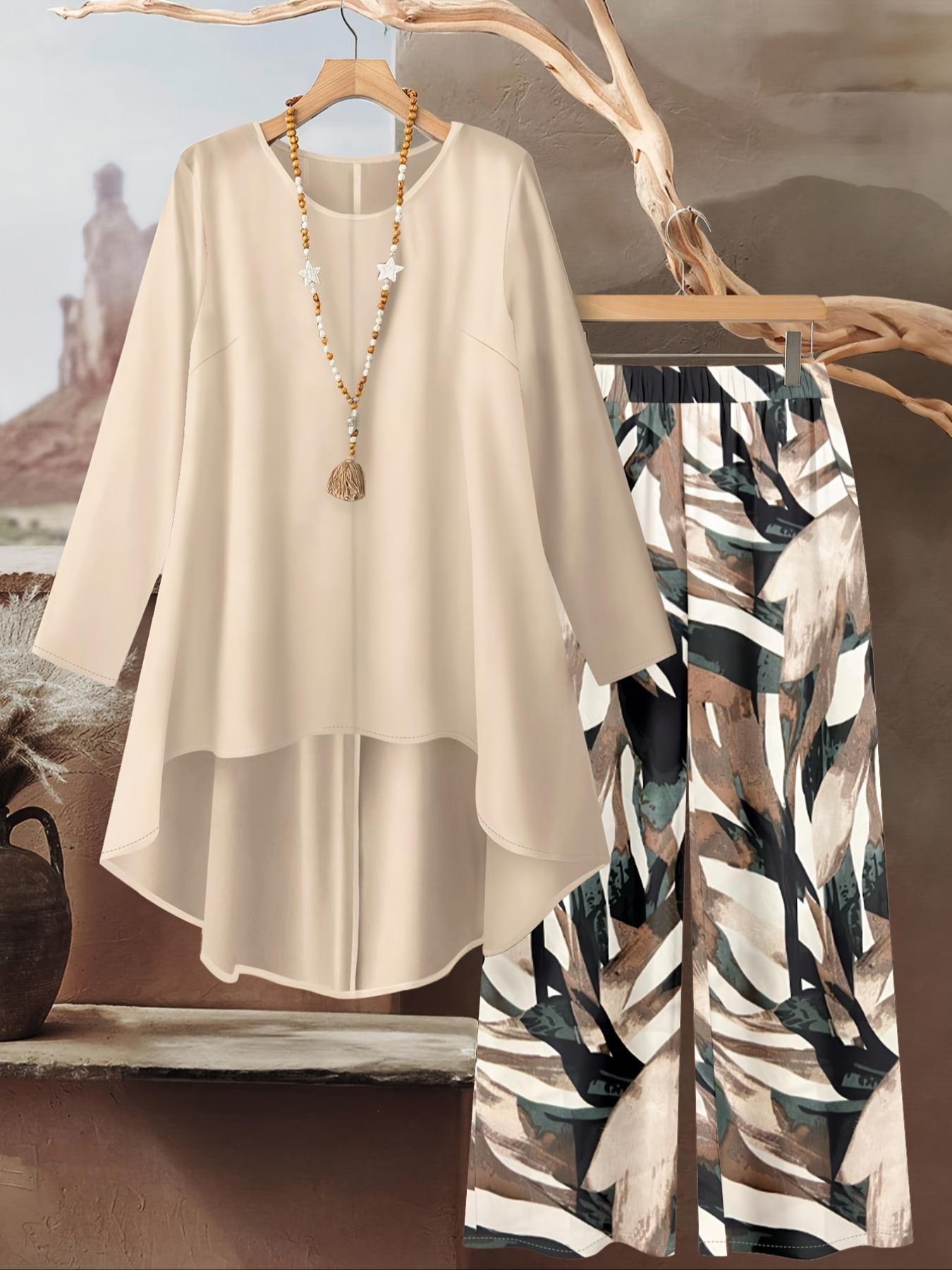 Women's round neck Fitted irregular print Woven long-sleeved top and elastic waist solid color wide-leg pants two-piece set outfit, suitable for Beach, seaside vacations, lazy time, daily outings, holidays, home, casual wear