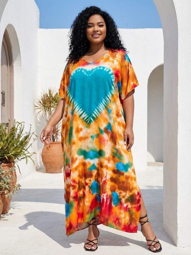 EDOLYNSA kaftans for woman oversized Moo Moo Dress printing Beach Holiday Dress beach wear vacation lounge around cover up party casual outfits muumuu caftan Comfy Homewear versatile Robe Q1469