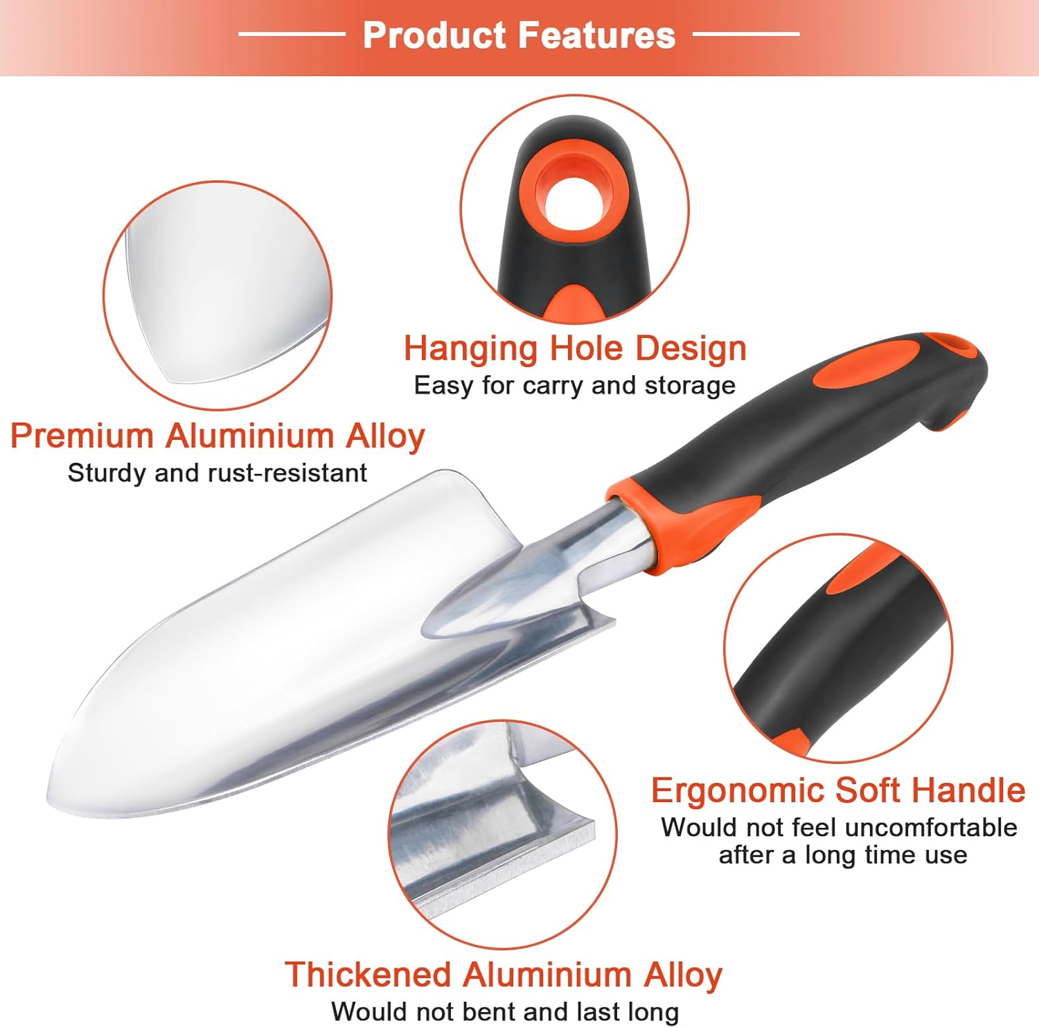 Garden Shovel Garden Hand Trowel, Heavy Duty Hand Shovel with Ergonomic Handle, Small Gardening Tools for Digging, Rust Resistant Gardening Spade Trowel Tools, Orange