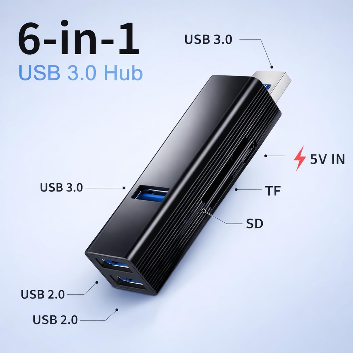 USB 3.0 Hub 6-in-1,  USB Adapter with Power Port, SD/TF Card Reader, USB Splitter Expander for Laptop, PC, Desktop, , Connect U Disk, Flash Drive, , Keyboard, HDD, SSD