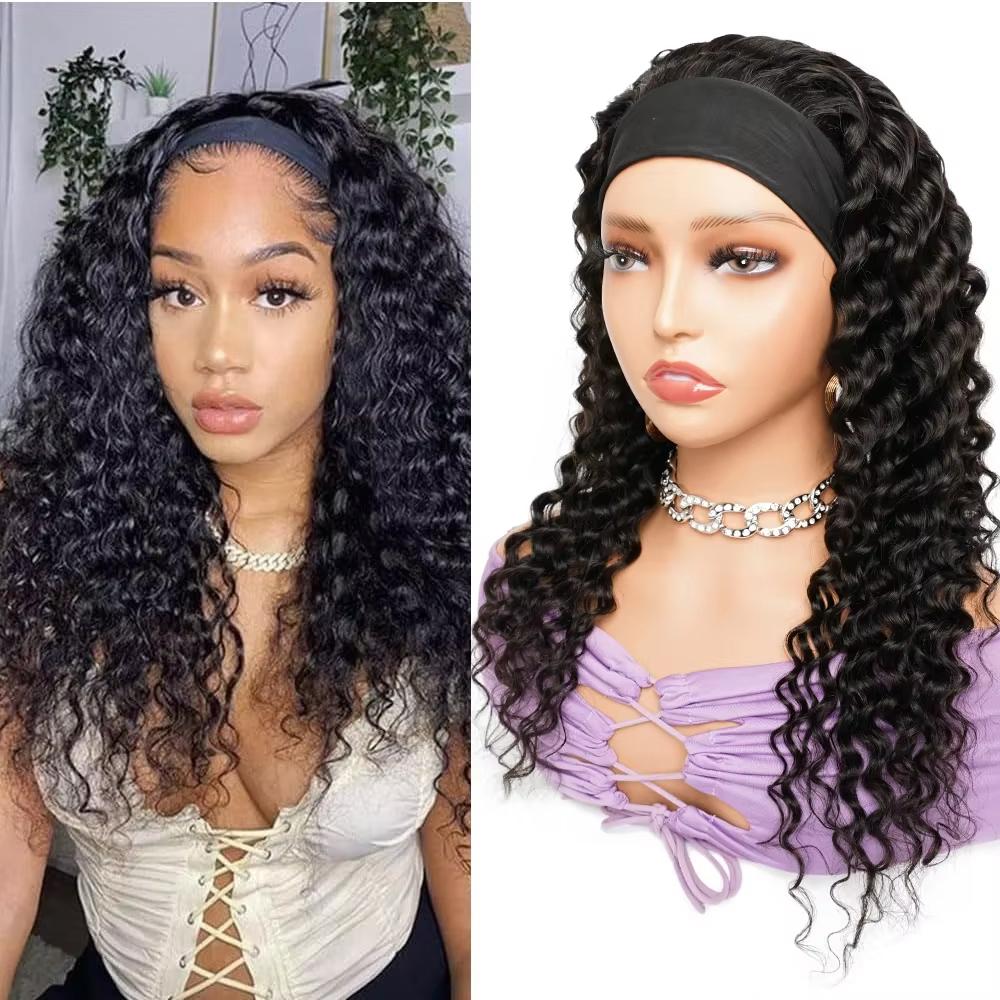 Bling Hair Curly Headband Wig Deep Wave Headband Wigs with Headbands Attached Glueless Black Wig 150% Density for Daily Use (26 Inch)