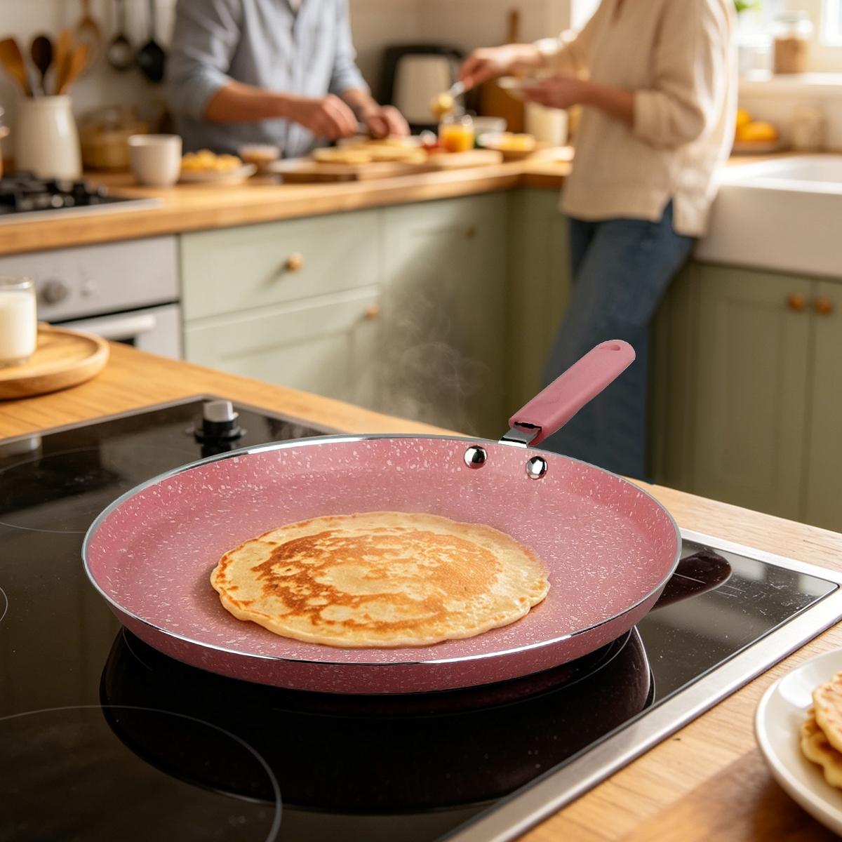 10.2 Inch Non-Stick Marble Crepe Pan, Flat Griddle Pancake Skillet, Compatible with Induction & Gas Stoves, Easy Clean Breakfast Cooking Pan