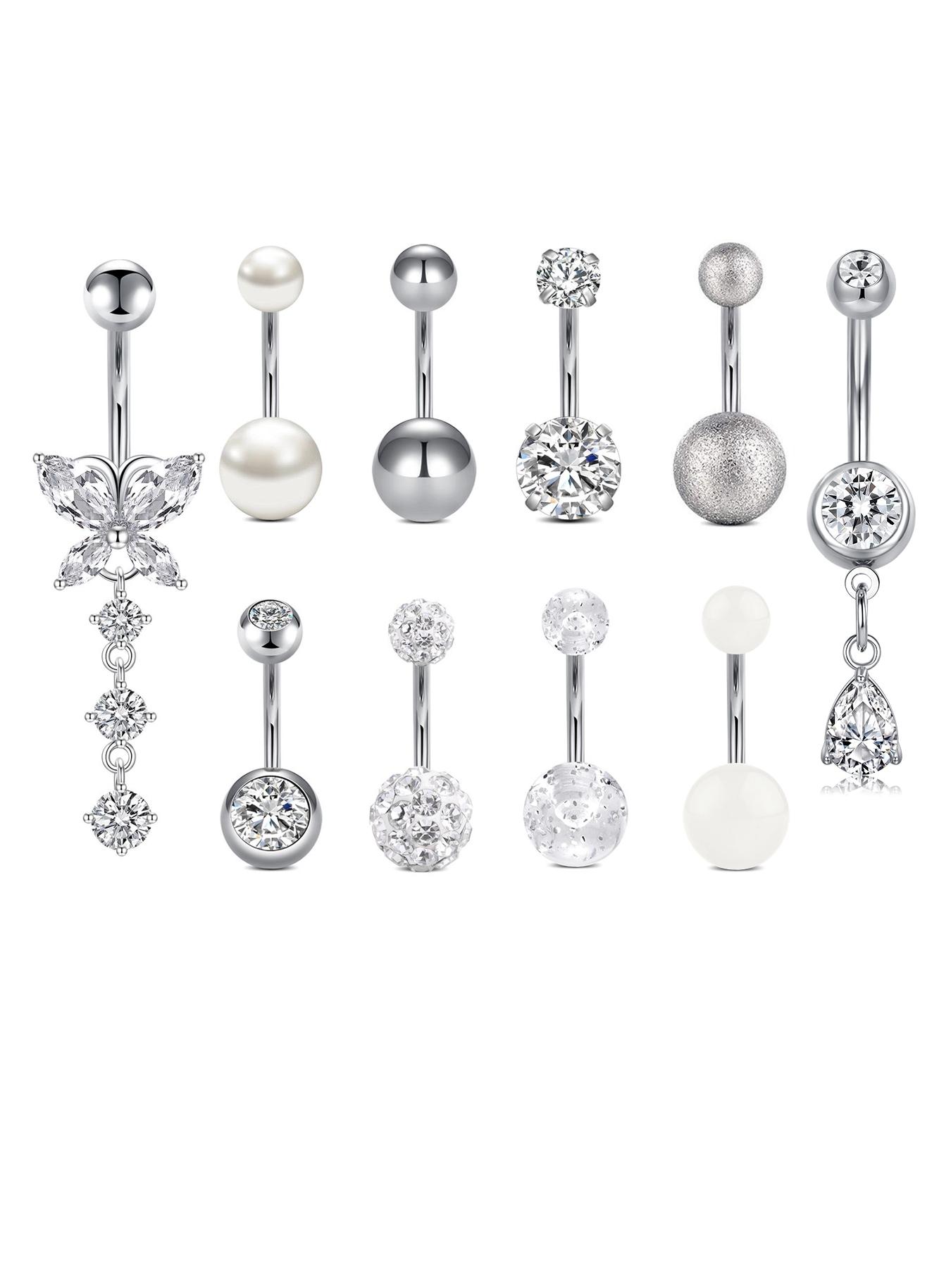 10pcs/set Elegant Rhinestone Heart Decor Belly Button Ring, Trendy Women Belly Piercing Body Jewelry, Classic Fashion Accessories for Daily Wear, Valentine's Day Gift, Body Piercings Set