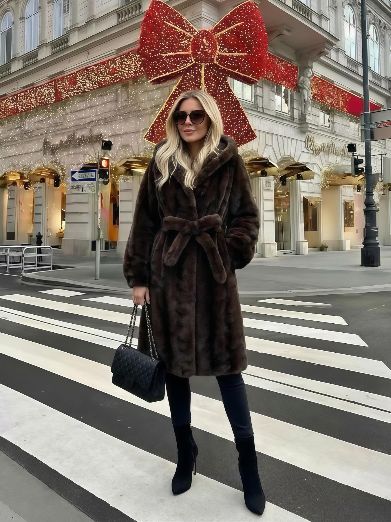 Women's Faux Fur Coat, Winter Fashionable Casual Long Sleeve Jacket, Retro Hooded Loose Fit Medium-Length Outerwear for Daily Wear