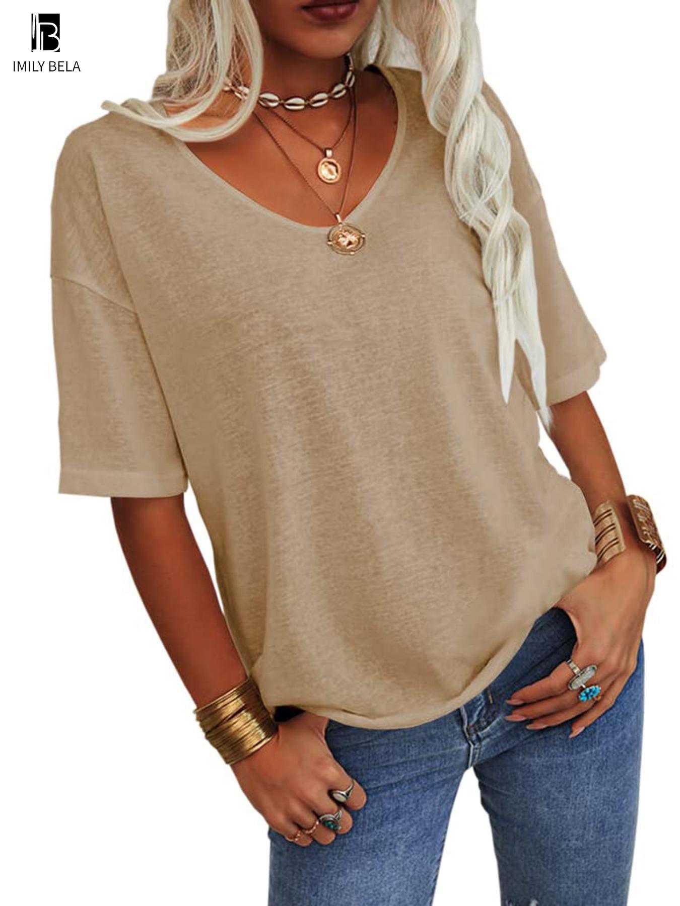 Women's Plain V Neck Drop Shoulder Tee, Casual Chic Minimalist Solid Color Half Sleeve T-shirt for Summer, Women's Basic Top for Daily Wear