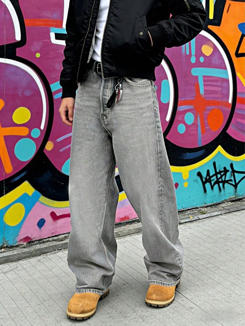 Men's New Fashion Regular Fit Jeans, Casual All-Season Washed Denim Long Pants, Classic Style, Zipper Fly, Plain Pattern