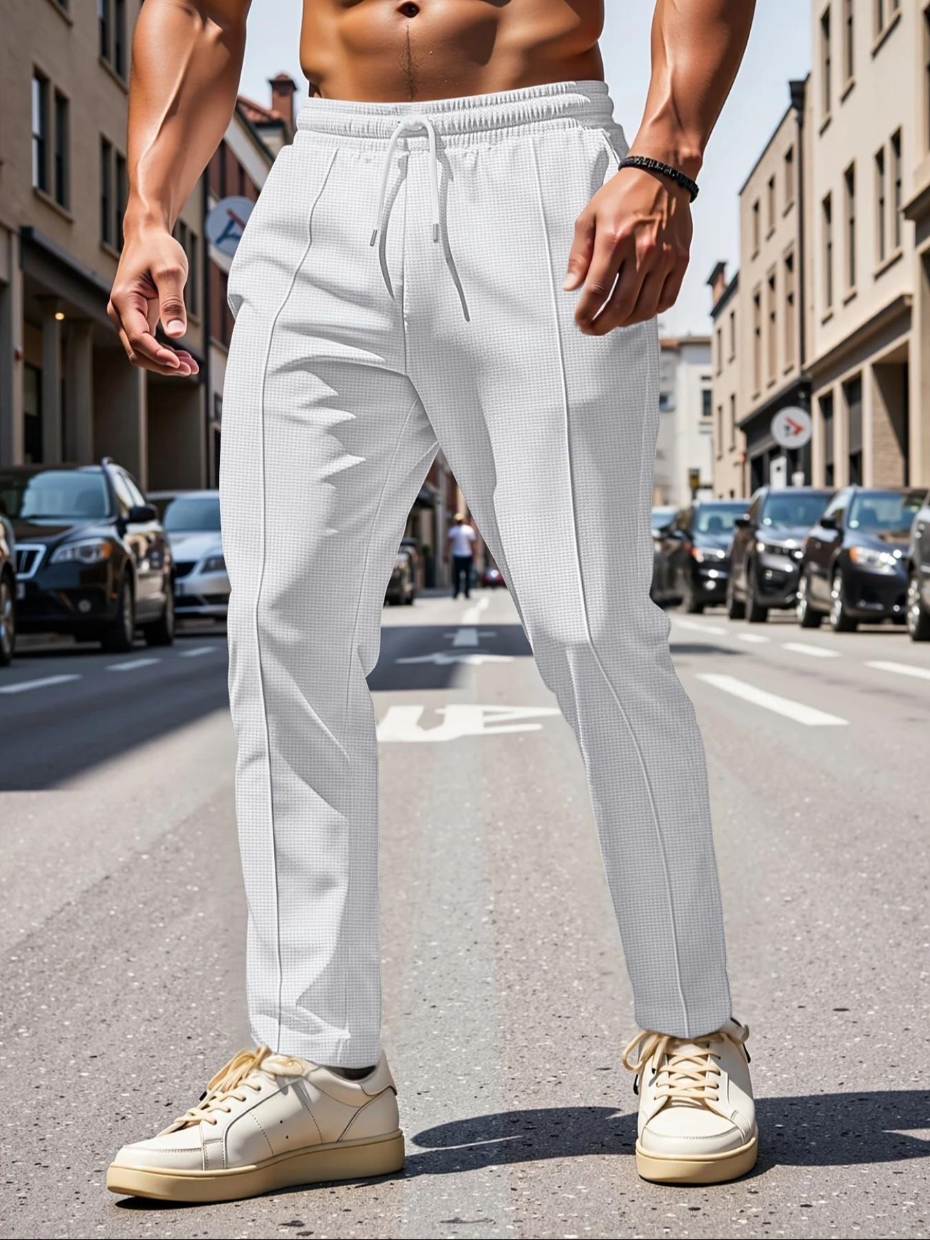 Men's Solid Drawstring Waist Pants, Regular Fit Casual Comfy Pocket Trousers for Spring & Fall, Men's Bottoms for Daily Wear, Casual Fashion Trousers