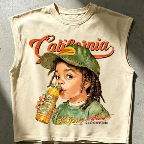 West Coast Retro Dirty Braids Kids Sleeveless Vest, Distressed Hole Loose Fit, Sleeveless Loose Design, Graphic Streetwear Style Photo, Trendy Slimming Effect