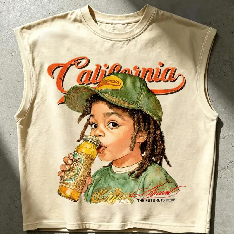 West Coast Retro Dirty Braids Kids Sleeveless Vest, Distressed Hole Loose Fit, Sleeveless Loose Design, Graphic Streetwear Style Photo, Trendy Slimming Effect
