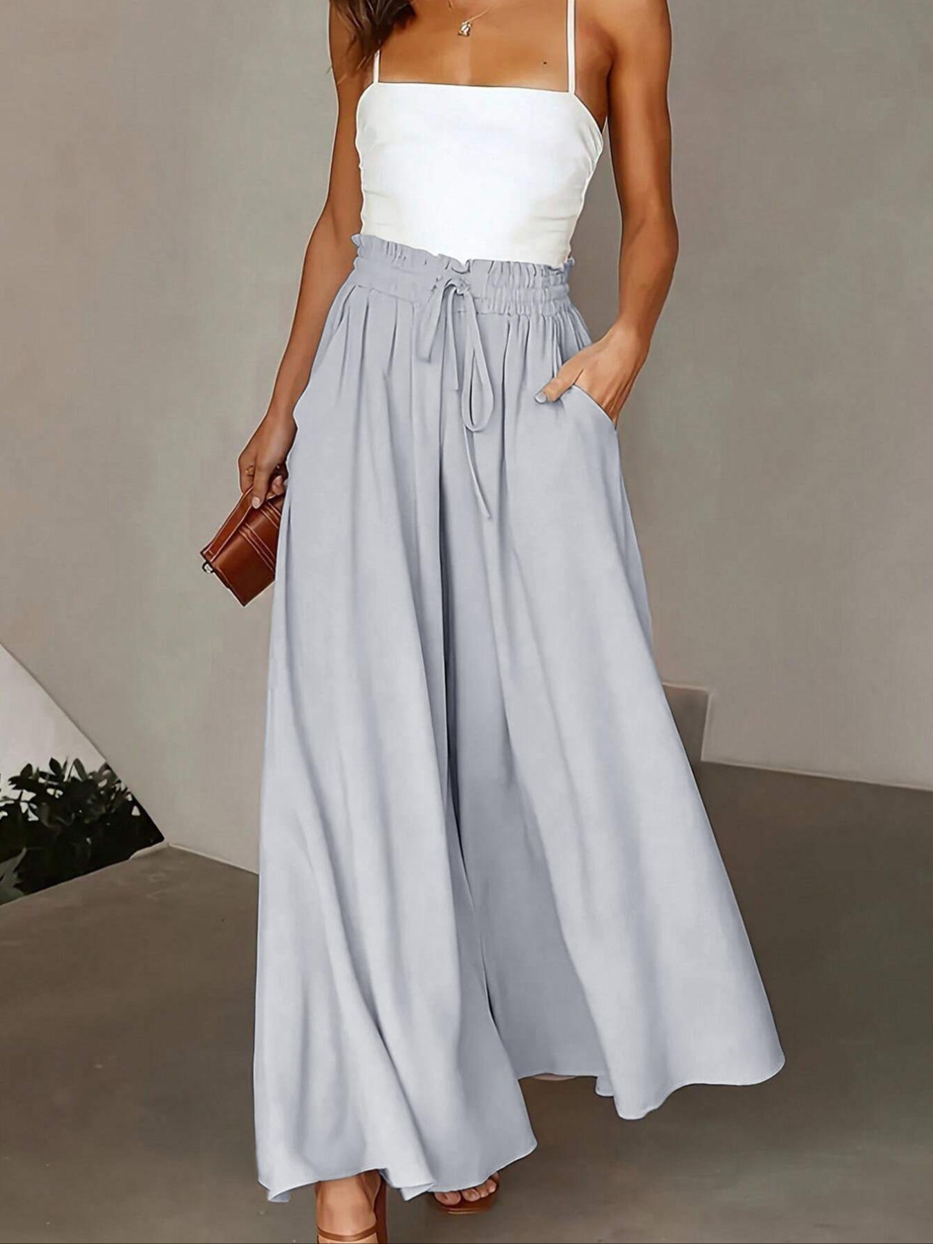 Women's Wide Leg Pants, Casual Loose Fit High Waist Drawstring Palazzo Trousers with Pockets, All Season Comfortable Design 2026 Casual Fashion Trousers