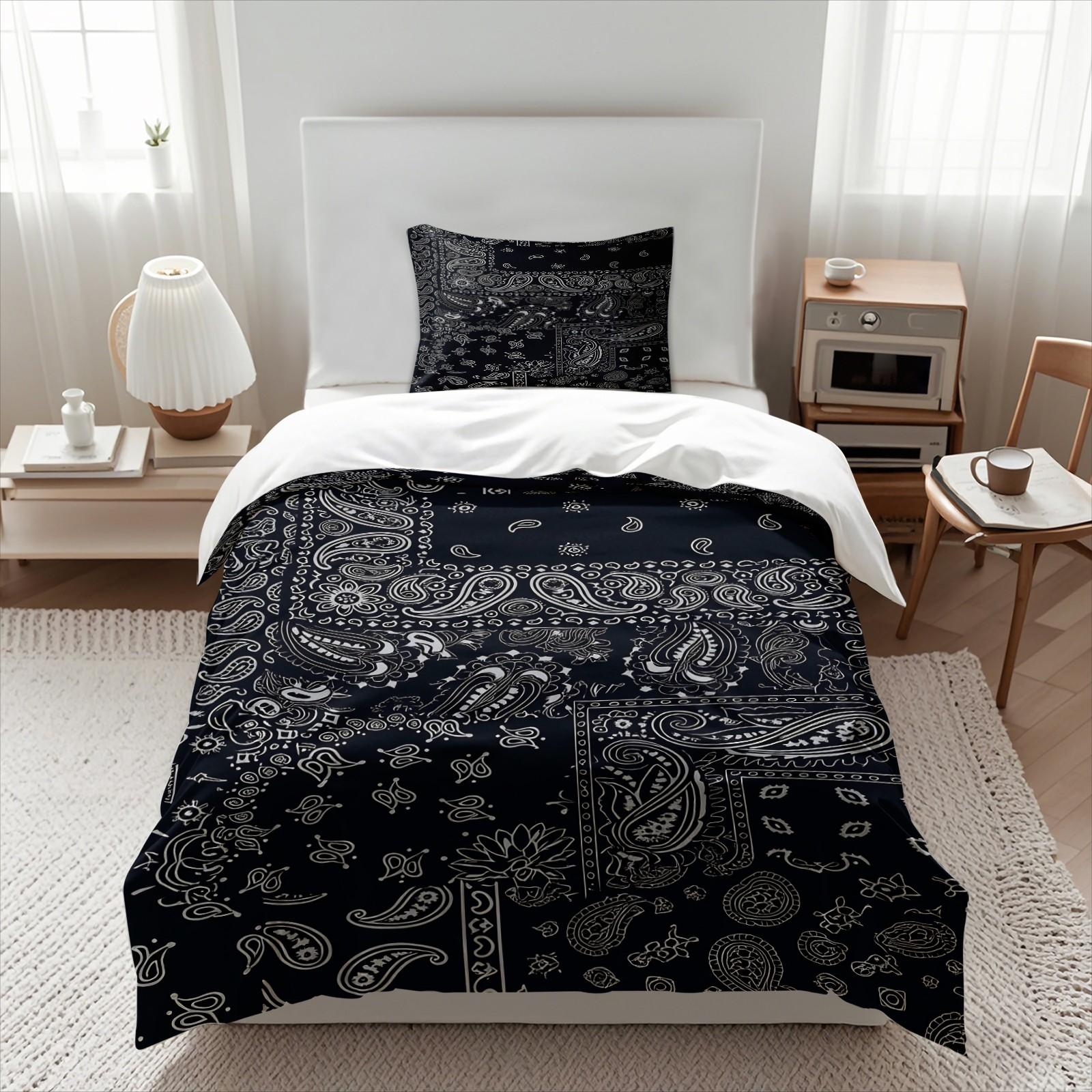 3PCS Navy Blue Bandana Paisley Duvet Cover Set (1 Duvet Cover + 1-2 Pillowcases), Classic White Border Paisley Print, Skin-Friendly Soft Comfy All Seasons Summer Bedding Set, Perfect for Streetwear Bedroom & Hip Hop Style Lovers