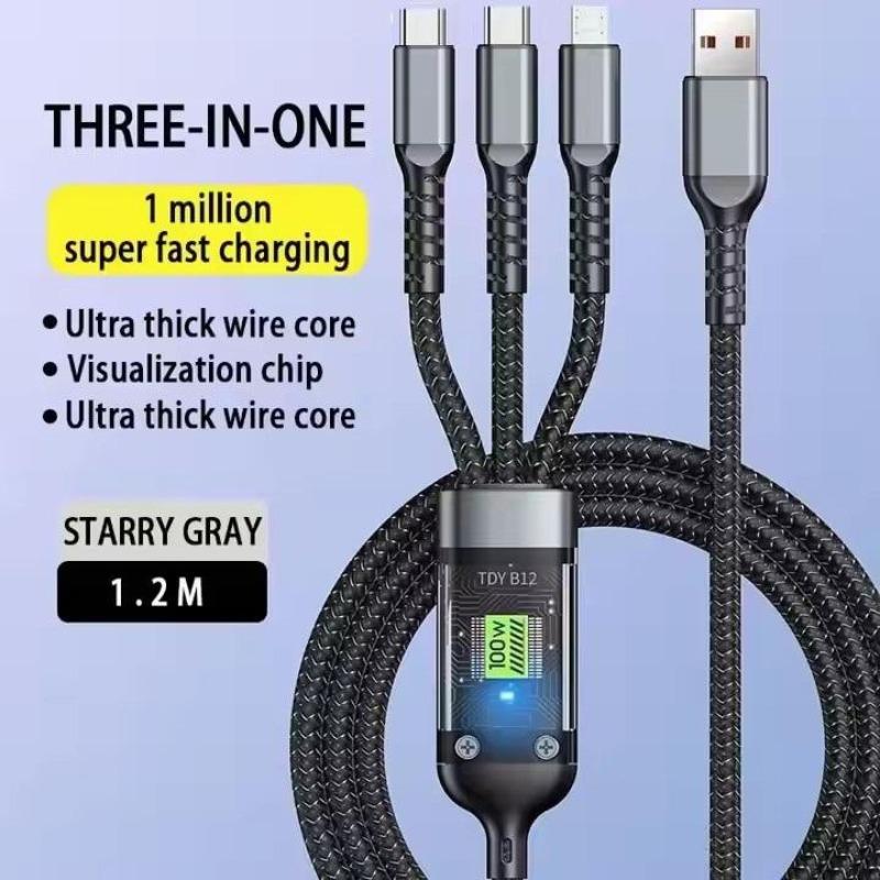 3-in-1 100W Phone Charging Cable, USB to Type-C Fast Charger Cable, Mobile Phone Charger Cable for iPhone 15 14 Samsung Xiaomi Huawei