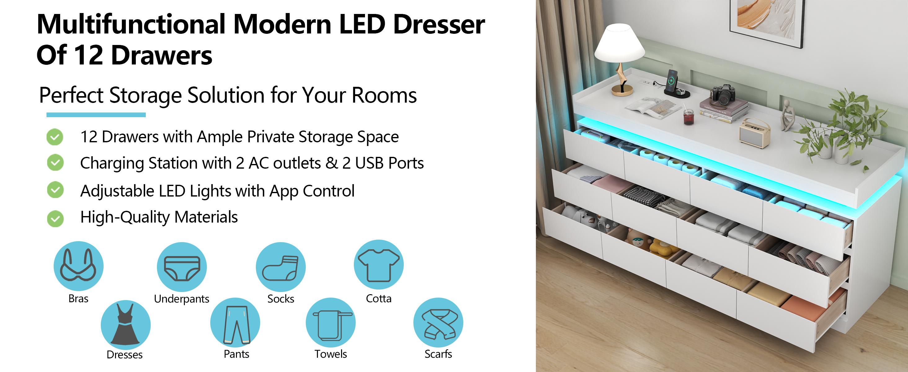 12 Drawer Dresser with Power Outlet, Dresser with LED Light, Modern Chest of Drawers for Closet, Double Wide Drawer Organizer Cabinet cicada  drawer nursery  dresser living room drawer