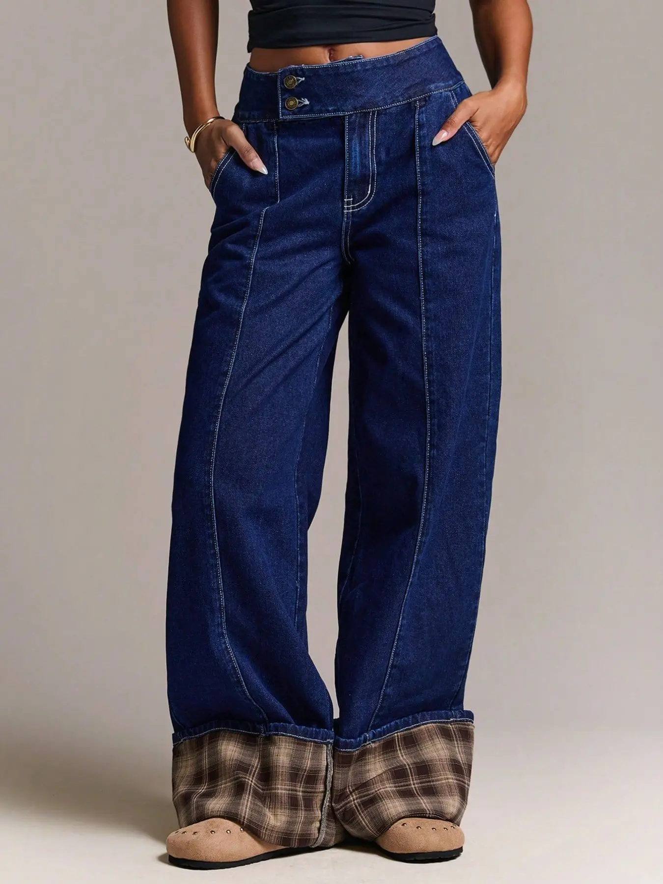Vintage Deep Blue Rolled Hem Plaid Wide Leg Jeans for Women, Double Button High Waist Patchwork Floor-Length Pants
