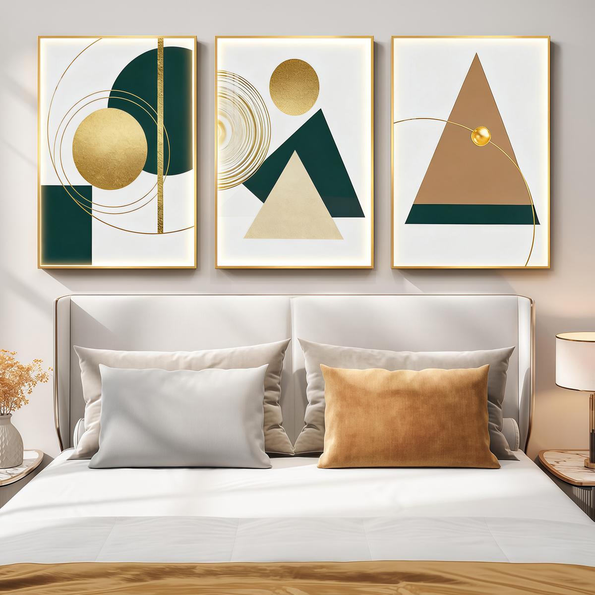 3 Counts Aluminum Alloy Framed Painting, Geometric Gold And Green Abstract Shapes Pictures, Home Decoration For Living Room, Bedroom, Office, Restaurant, Hallway Wall Decor, Odorless Print Artwork, Luxury Perfect Gift For Friends And Family