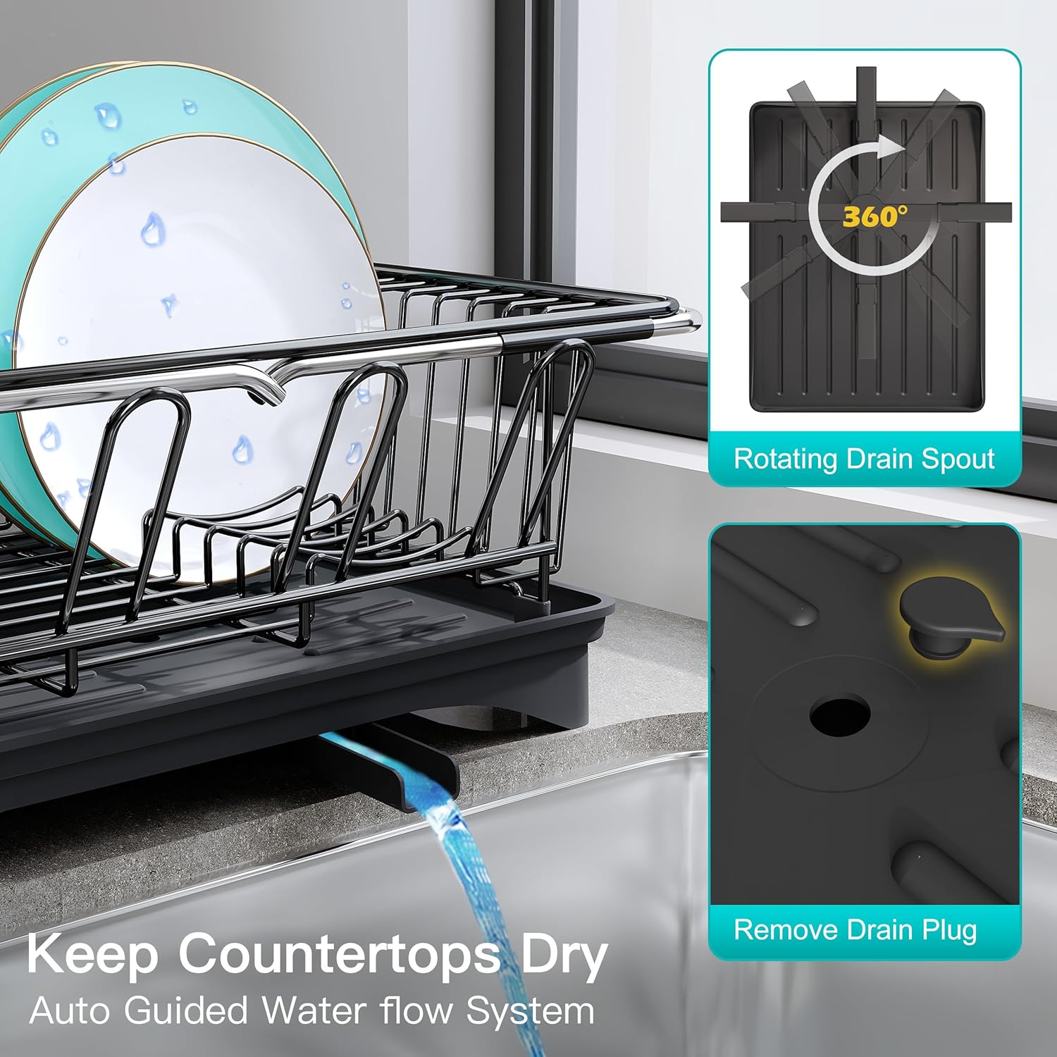 Dish Drying Rack for Sink, Expandable Stainless Steel Dish Drainer with Utensil Holder, Silver Over Sink and Inside Sink Dish Dryer Rack for Plates, Bowls, Cups and Kitchen Counter Storage