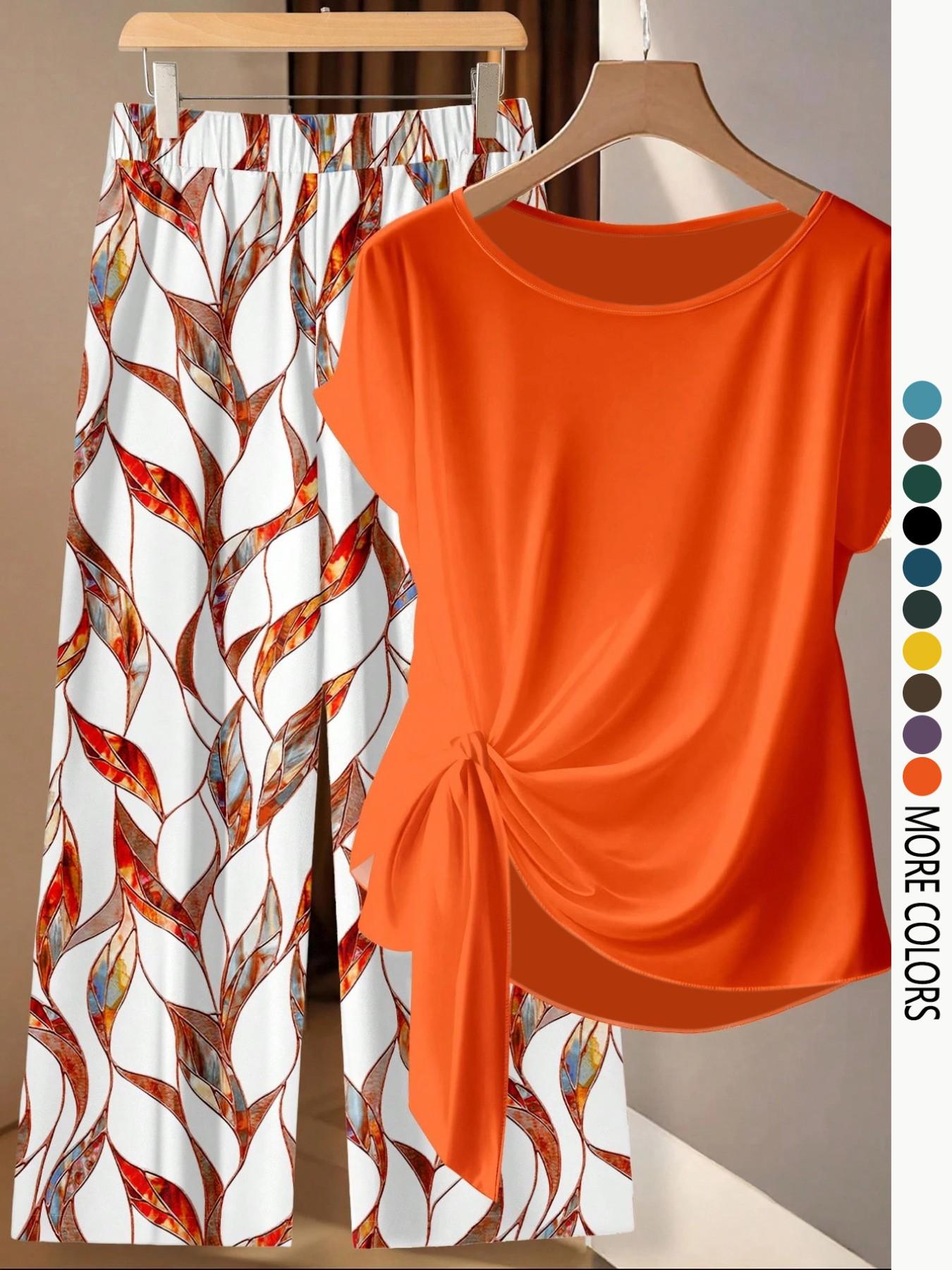 Women's Casual Printed Necktie Shirt and Loose Straight Pants Set, Perfect for Spring and Summer, Comfortable Two-Piece Women's Casual Printed Necktie Shirt and Loose Straight Pants Set, Perfect for Spring and Summer, Comfortable Two-Piece