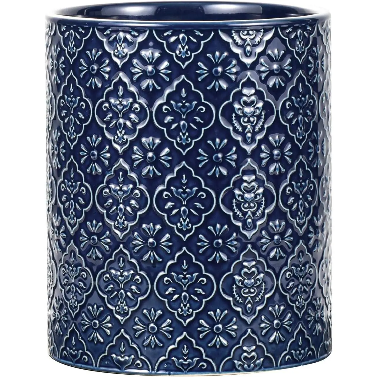 6x7 in Large Blue Ceramic Embossed Kitchen Utensil Holder Crock - Storage Organizer, Countertop Kitchen Decor Accessory