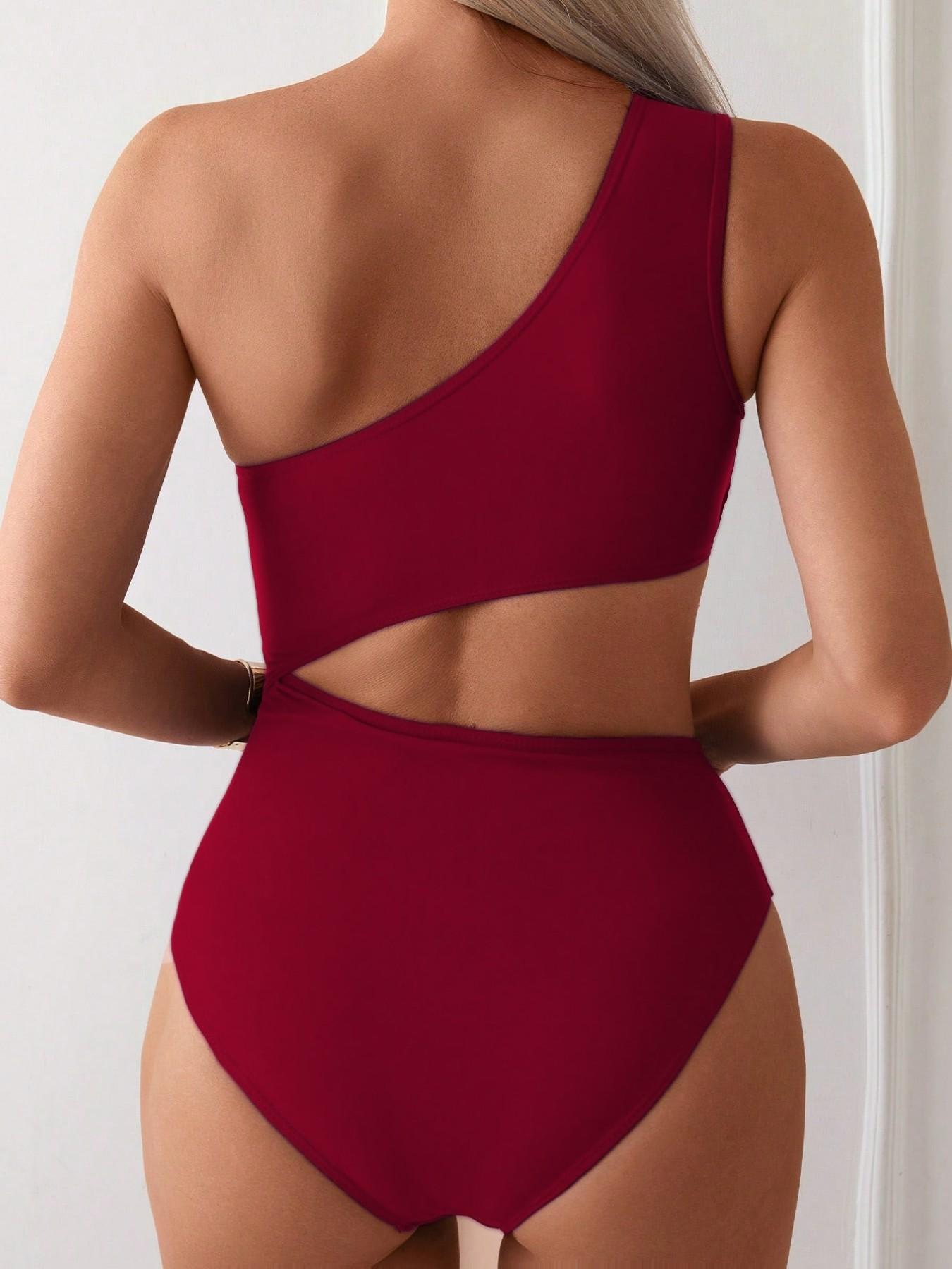 Women's Conservative One-Shoulder Bikini Swimsuit, Solid Color Print, Plus Size, Ruched Waist, Belly Control Bikini, Summer Swimwear