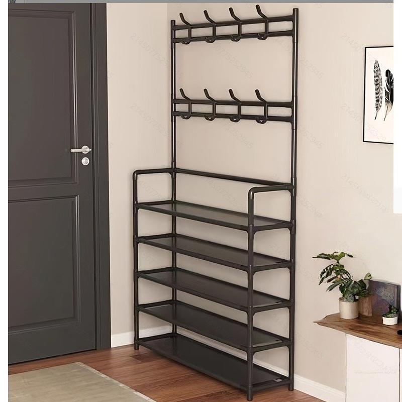 Five-Tier Independent Wardrobe Shoe Rack Combo, Metal Space-Saving Stand, with 8 Hooks and Dual-Sided Shelves