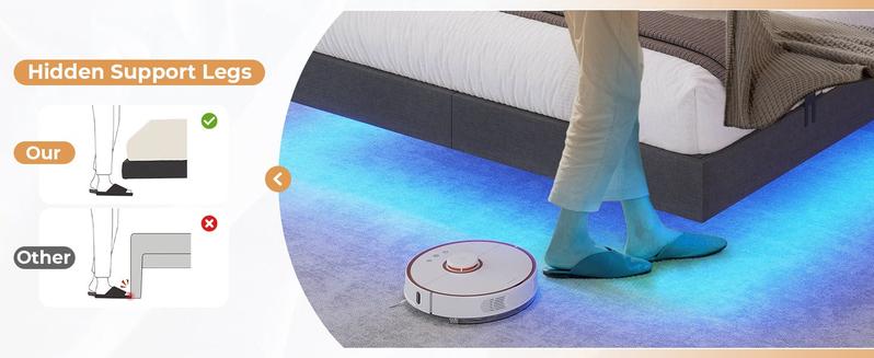 Sikaic Floating Bed Frame Linen Upholstered Platform With LED Lights Underbed Storage Space Dark Grey Angersbed Modern Headboard Unique Bedroom Furniture