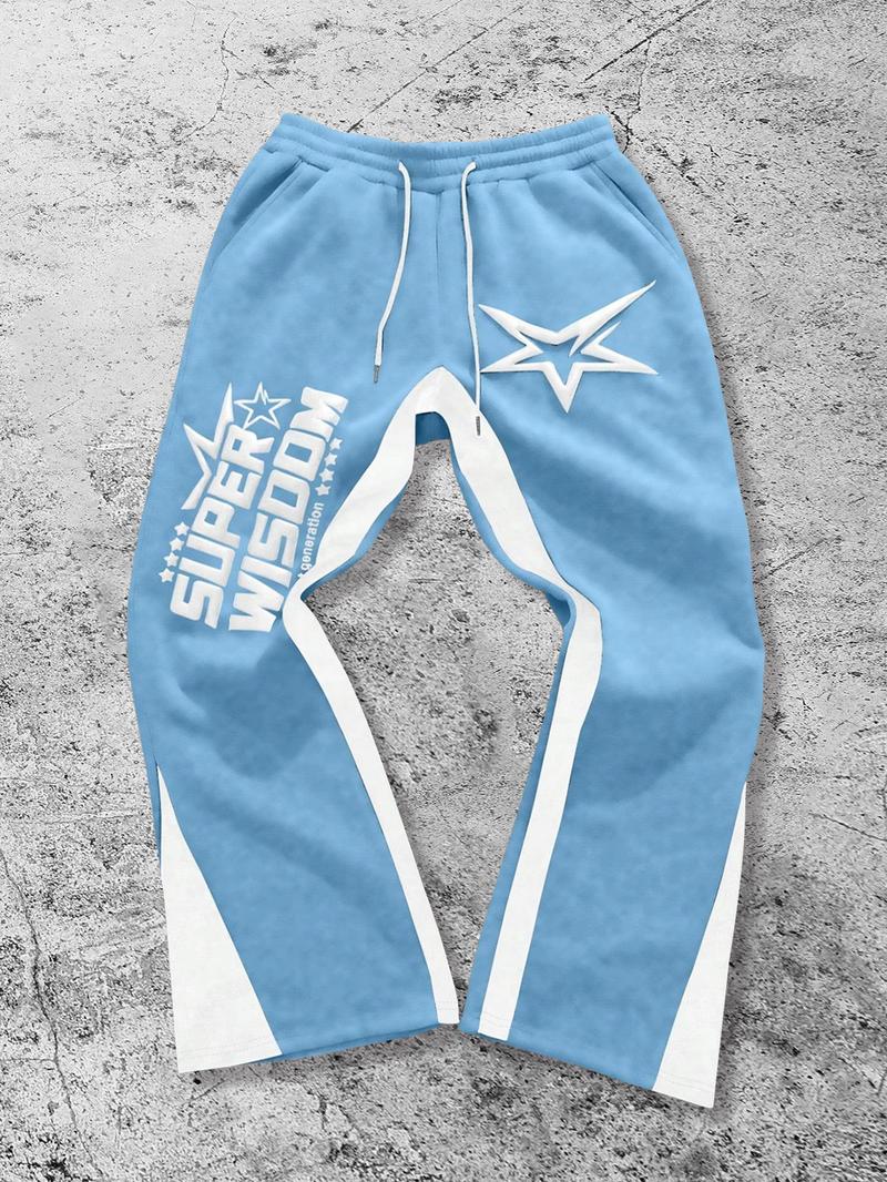 Men's Colorblock Letter & Star Print Sweatpants, Casual Comfy Straight-leg Pants for Daily Wear, Men's Trousers for All Seasons, Athleisure Style Bottoms