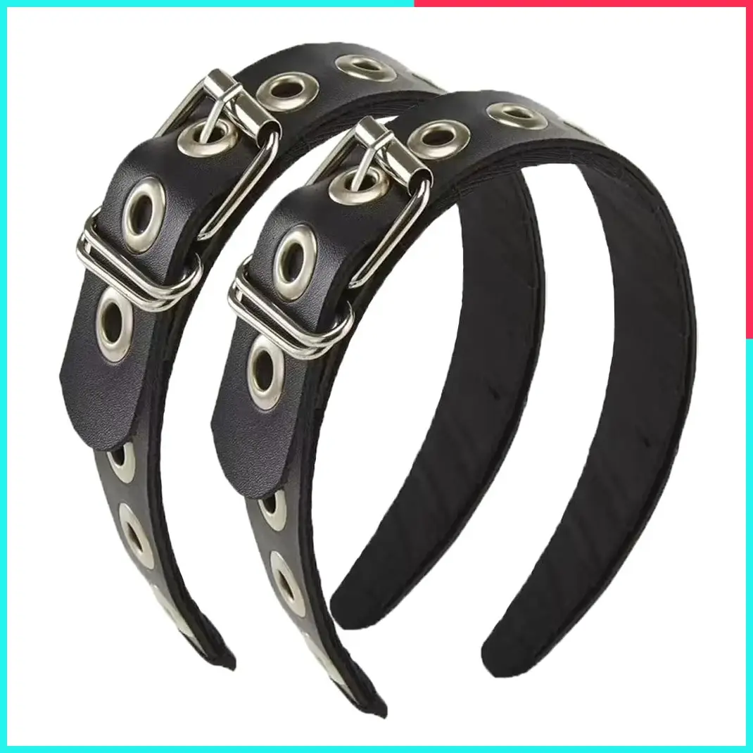 Gothic Punk Metal Buckle Headband for Women, Black Leather Belt Design, 2-Piece Hair Accessories Set