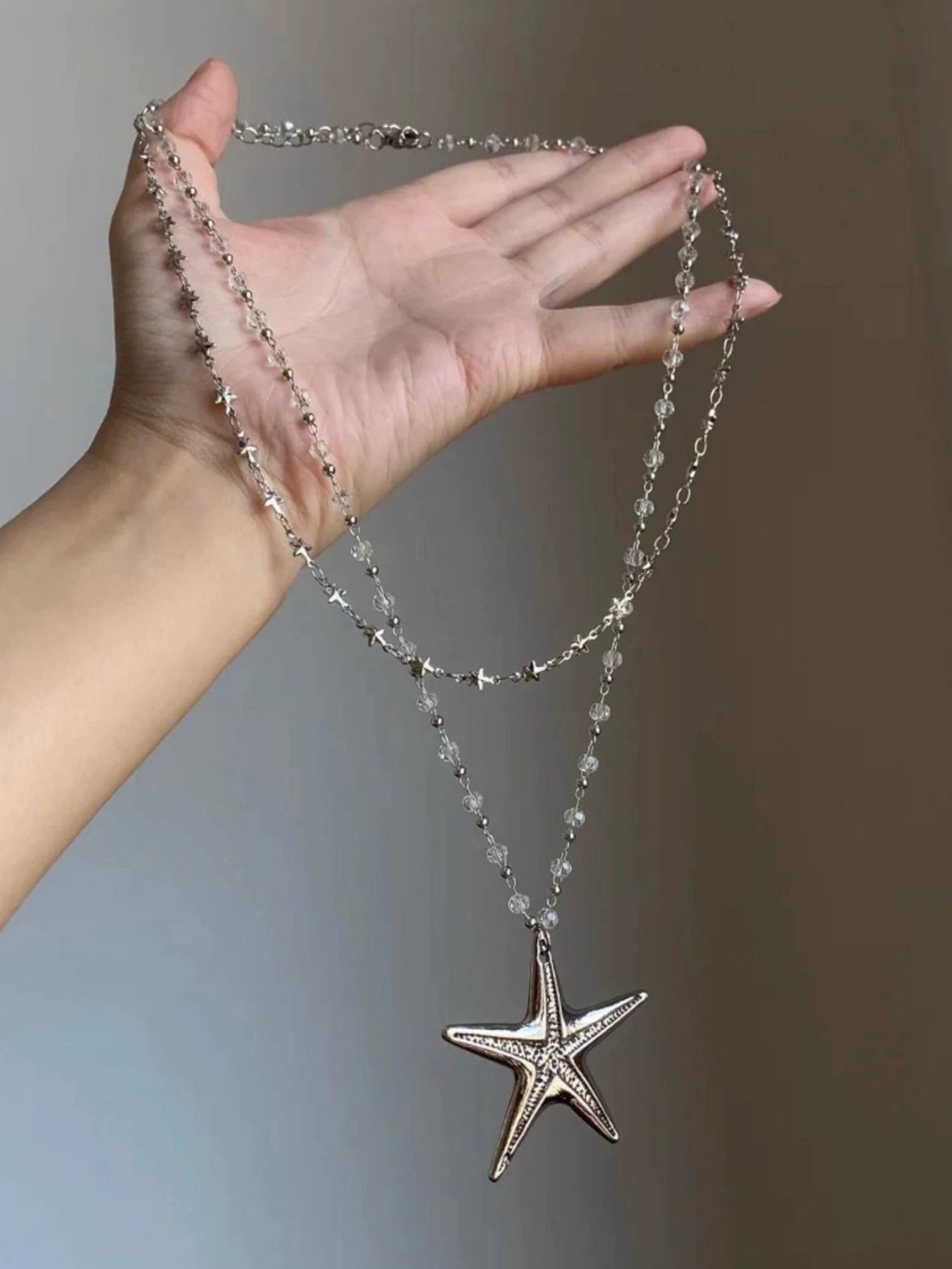 Y2K Trend Crystal Beaded Star Chain Sea Urchin Pendant Necklace, Vintage Long Design for Women, Perfect for Daily Wear & Parties, Starfish Necklace