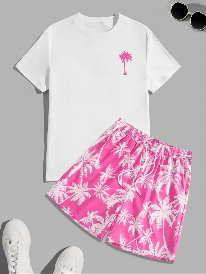 Men's Regular Fit Letter Print Shortsleeve Tee & Tropical Print Shorts Set, Casual Short Sleeve T-shirt & Drawstring Waist Shorts, Summer Clothes Set for Men, Homewear, Casual Lounge Set, Menswear, Pajamas Sleepwear