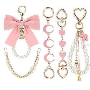 SleekHush 5 Pcs Gold Pearl Bag Extender Chain with Bow | Purse Strap Charms for Handbags