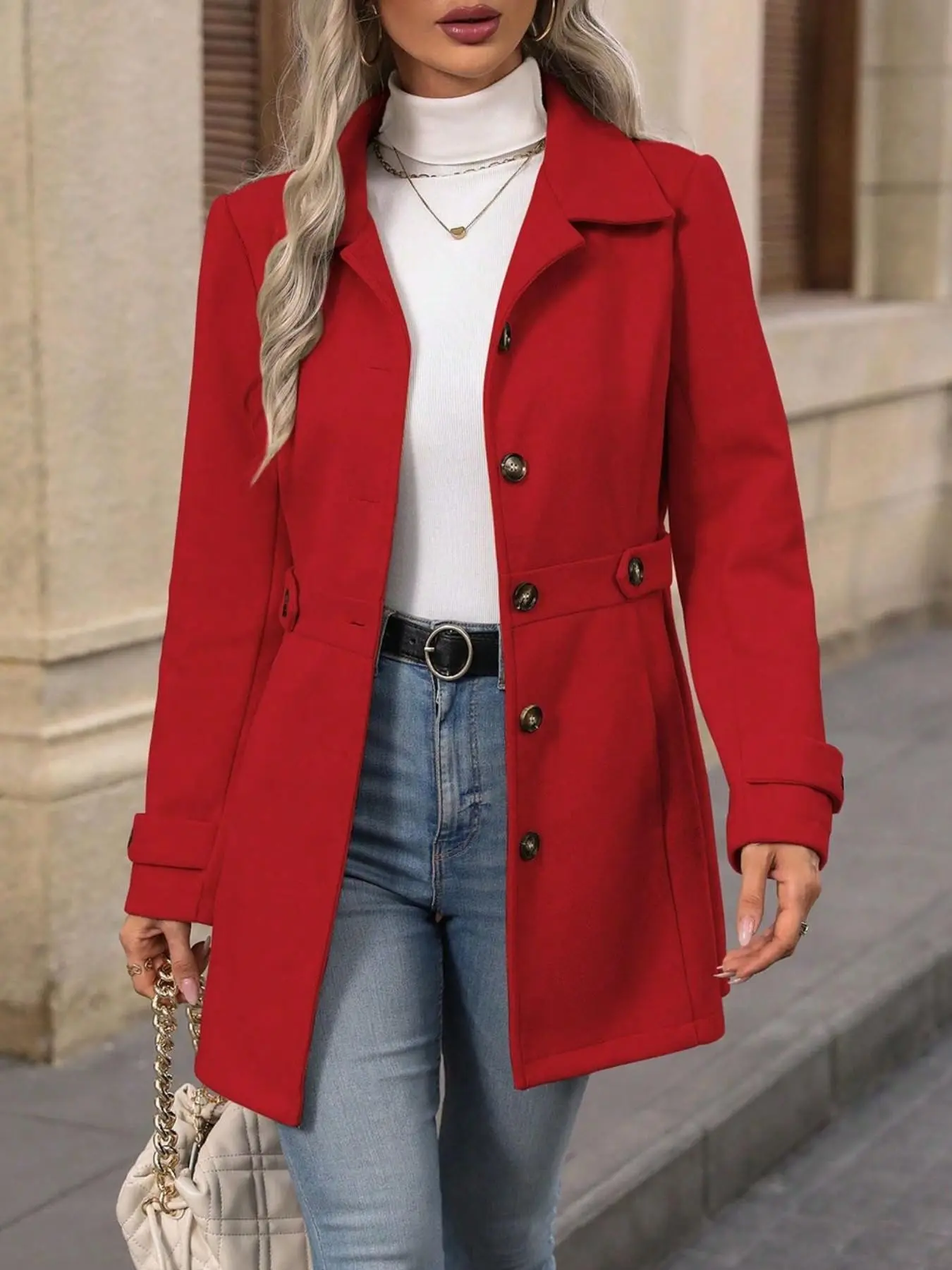 Women's Fall Winter Notched Lapel Single Button Coat, Elegant Slim Fit Waistcoat, Medium-Length Jacket, Multiple Colors Available