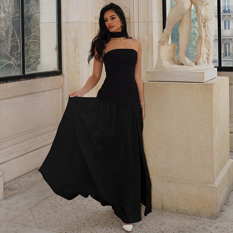 Women's Plain Split Thigh Tube Dress with Scarf, Elegant Strapless Dress for Party Club Beach Vacation, Ladies Clothes for All Seasons