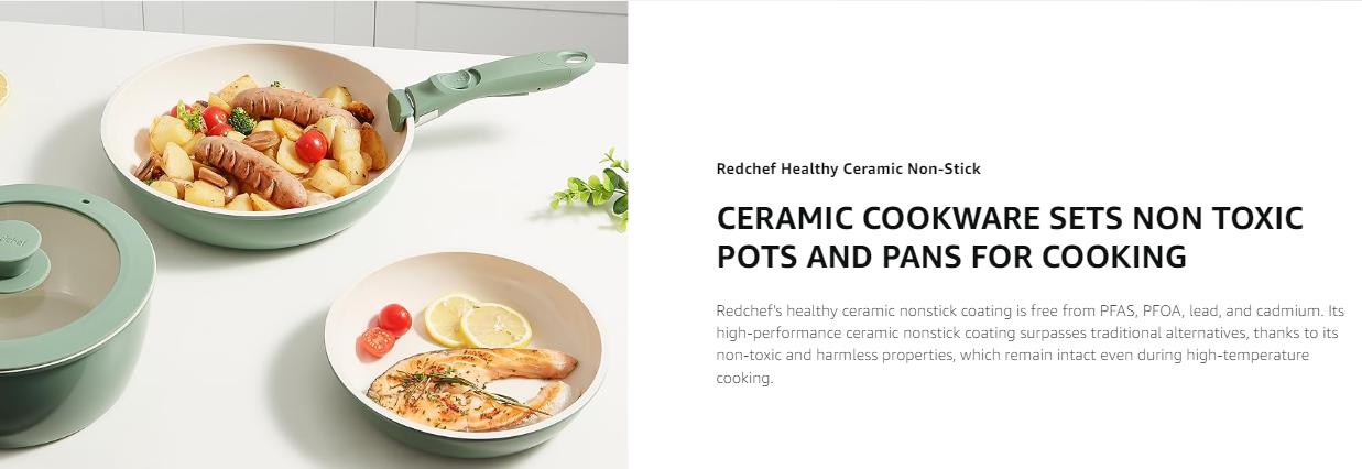 【New Year Sale】Redchef Removable Handle Pots And Pans Non Stick, Ceramic Cookware Set, RV Cookware Set, Non Toxic Pots And Pans Set No PFAS & PTFE & PFOA, Detachable Pots And Pans, Dishwasher & Oven Safe