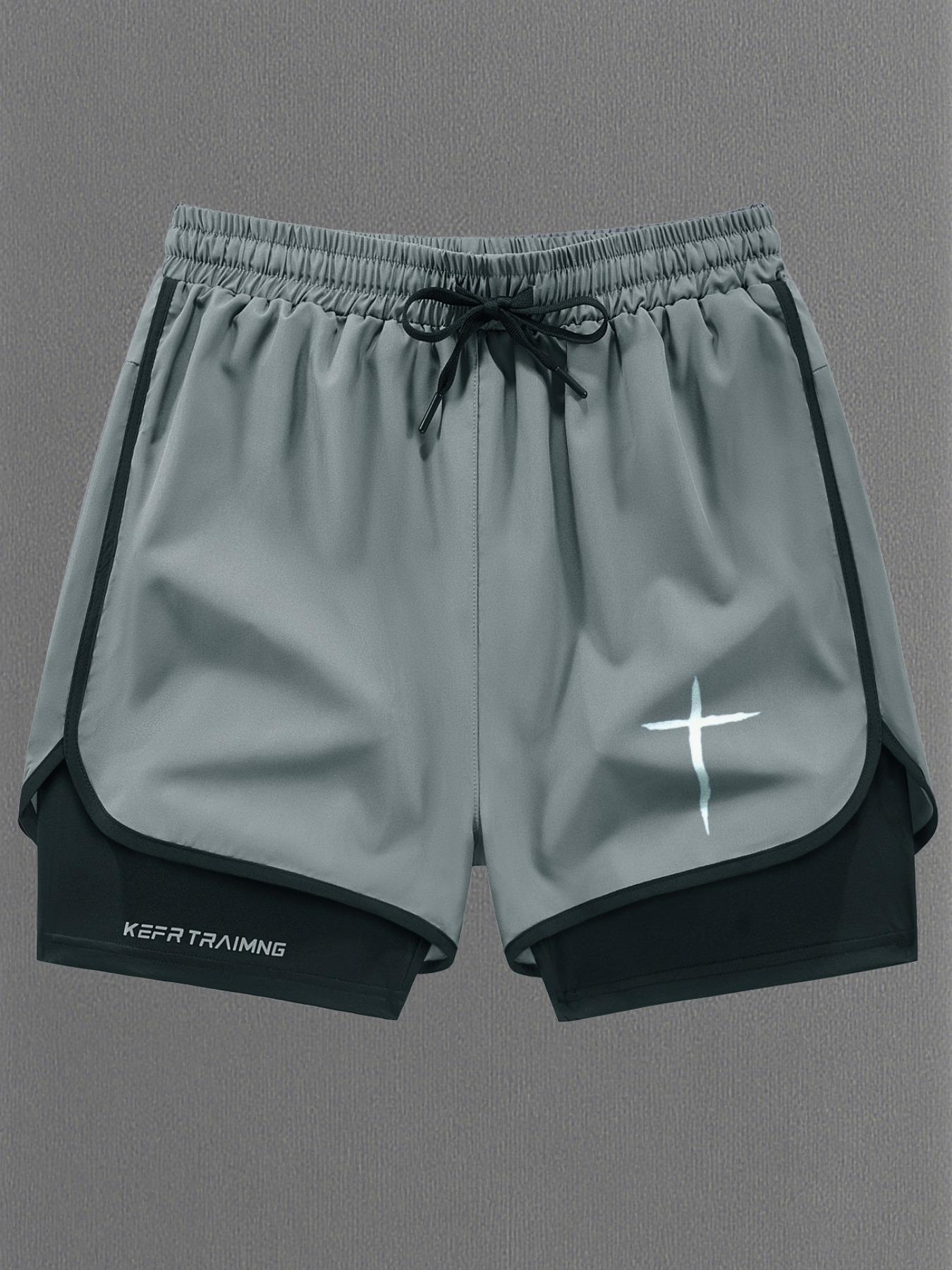 Men Women Regular Fit 2-In-1 Drawstring Waist Sport Shorts, Summer Pocket Print Casual Half Yoga Exercise Shorts, Fashionable Daily Wear