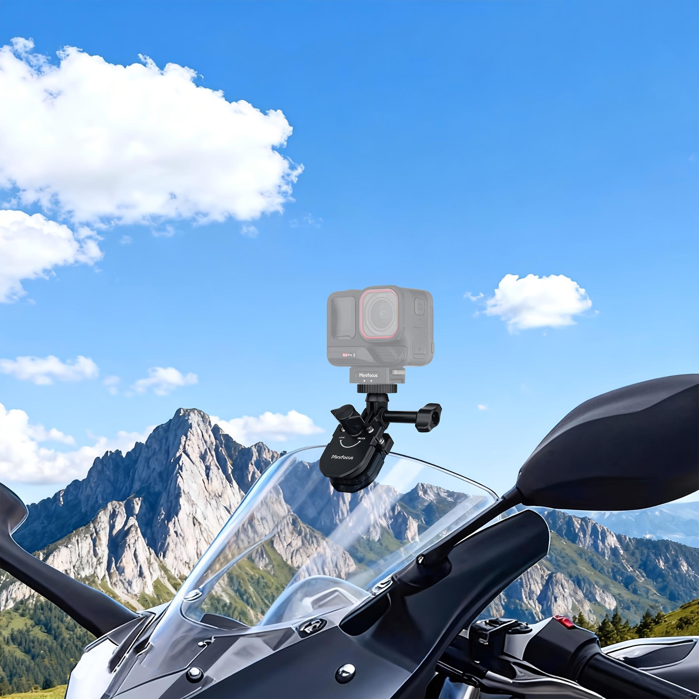 Motorcycle Windshield Camera Mount Holder, Aluminum Alloy, Quick Release + 1/4" Adapter, Compatible with Gopro Dji Insta360