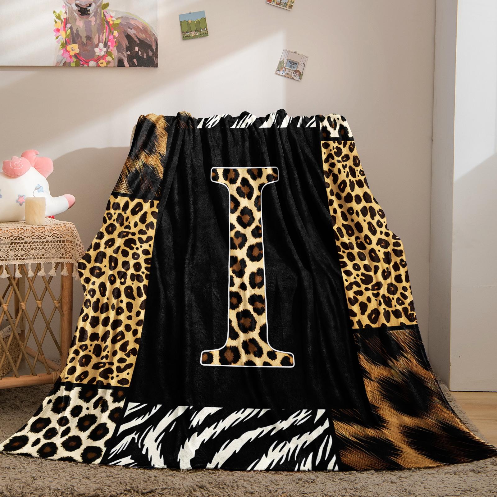 Animal Print Monogram Throw Blanket, Leopard Zebra Tiger Initial Soft Flannel Blanket for Sofa Bed, Gift for Animal Lovers