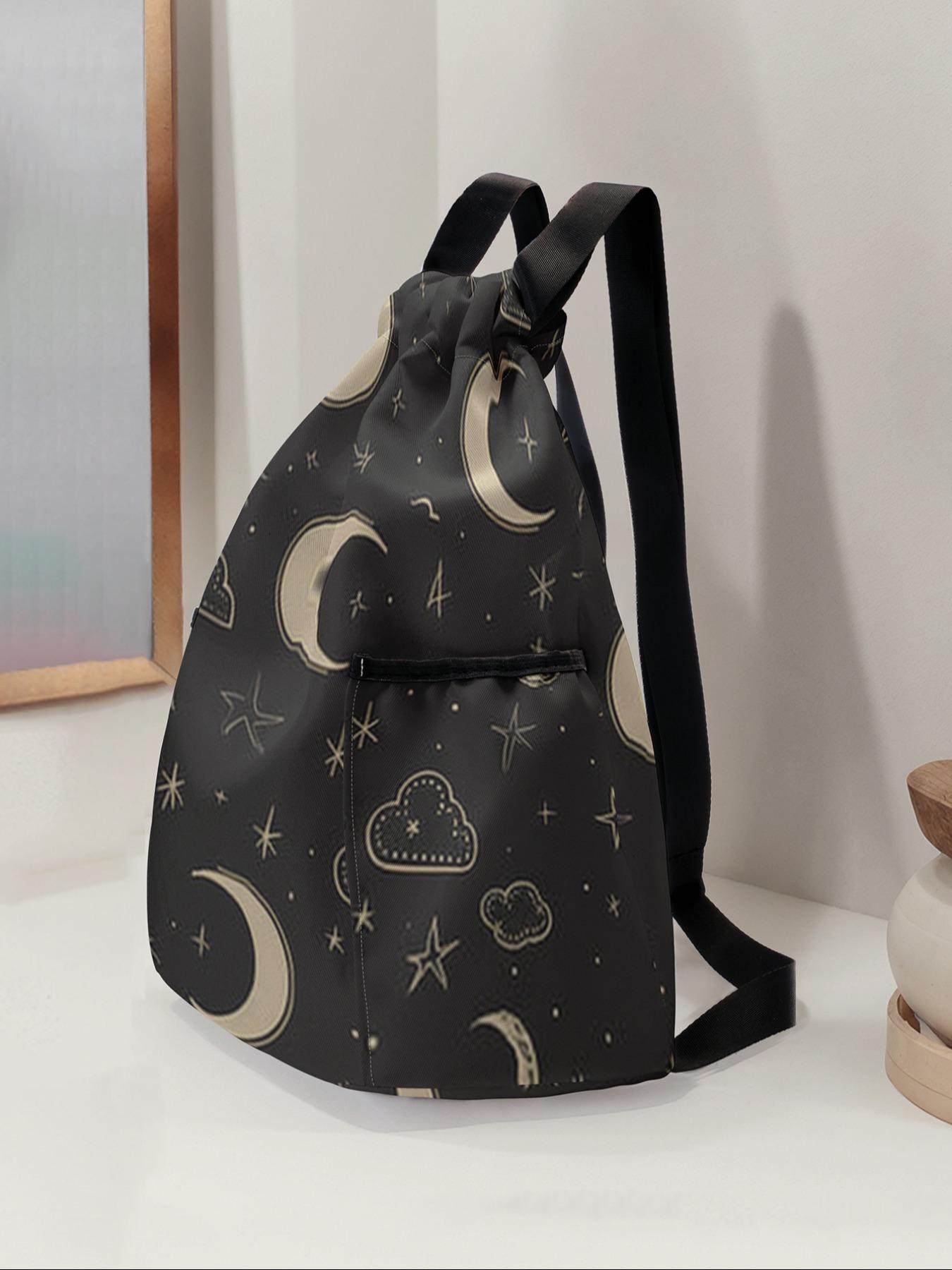 Star Moon Print Drawstring Backpack, Large Capacity Durable Fitness Bag, Casual Sports Bag, Adjustable Shoulder Straps, Sports Beach Bag for Men & Women