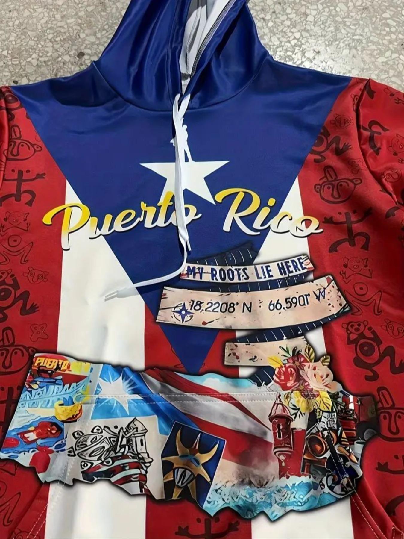 Men's Puerto Rican Flag Graphic Hoodie, Casual Fitted Pullover with Drawstring, Loose Fit Outdoor Fitness Wear, Fall Winter Clothing