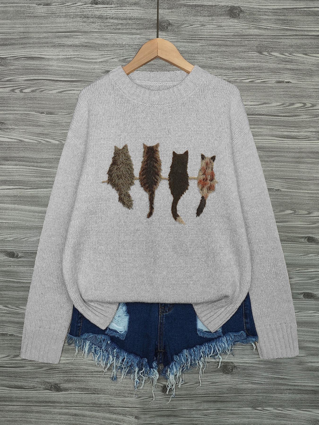 Women's Cat Print Drop Shoulder Knitted Sweater, Casual Long Sleeve Round Neck Animal Print Jumper for Fall & Winter, Fashion Ladies' Knitwear for Daily Wear, Womenswear