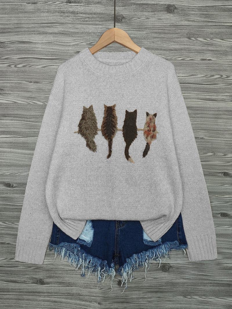 Women's Cat Print Drop Shoulder Sweater, Casual Long Sleeve Round Neck Jumper for Fall & Winter, Fashion Ladies' Knitwear for Daily Wear