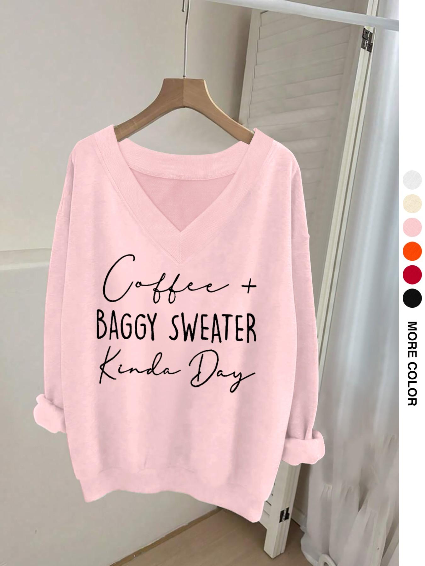 Casual Women's Long Sleeve V Neck Sweatshirt with Fun Letter Print, Elegant Ribbed Hem Fashion for All Seasons, Perfect for Fall and Winter, Lady Womenswear