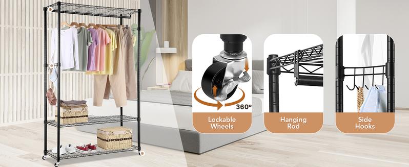 Heavy Duty Garment Rack with 3 Tier Adjustable Wire Shelves, Heavy Duty Rolling Clothes Shelving Unit, 1 Hanging Rod, 2 Side Hooks, Black Organiser Hangable