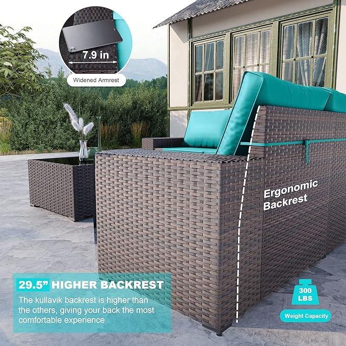 【Back To School】[3 packages delivery] Kullavik Patio Furniture 6 Pieces Outdoor Sectional PE Rattan Sofa Set Brown Manual Wicker Patio Conversation Set with 5 Seat Cushions and 1 Tempered Glass Tea Table
