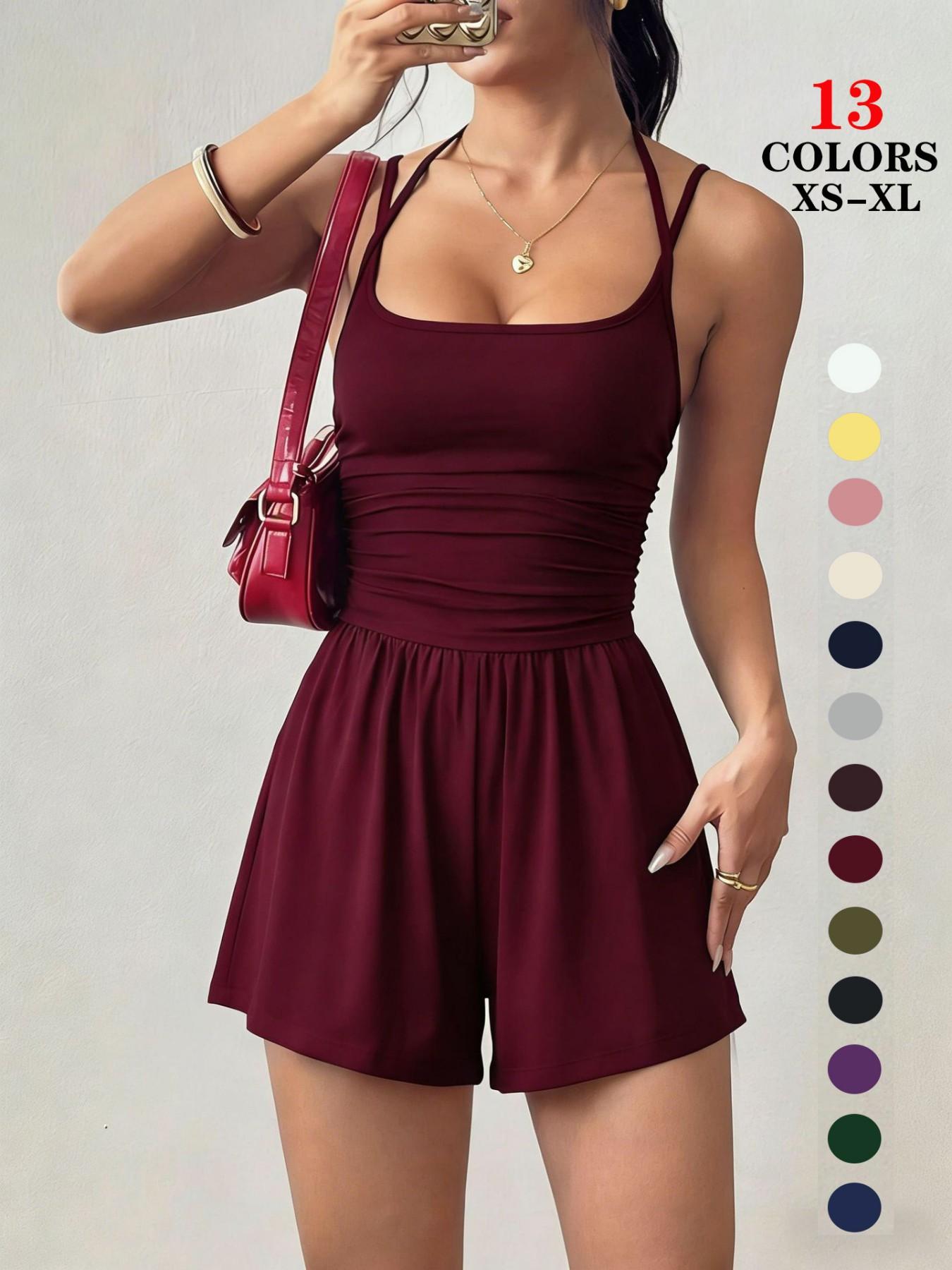 Women's 2026 Versatile Casual Fitted Backless Jumpsuit, Spaghetti Strap Smocked Bodice Flattering Slim Fit Elegant One-Piece Romper for Club Evening Date Vacation Daily Wear