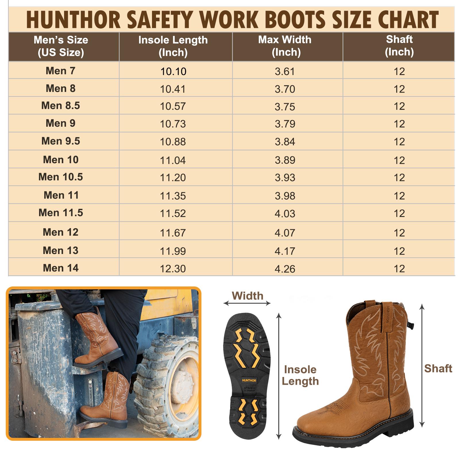Cowboy Boots for Men with Steel Toe & Shank, Leather Anti Slip Square Toe Work Boots Western Men's Brown Boots for Manufacturing, Construction, Farming, （Size 7-14）