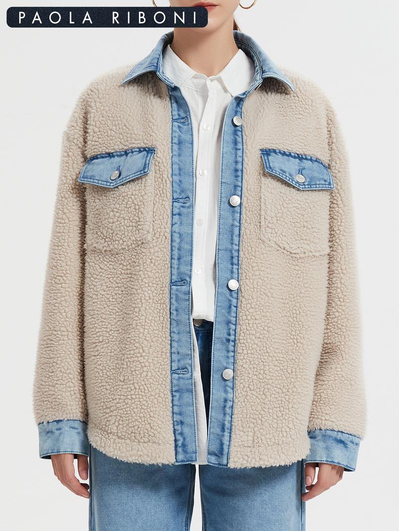 Women's Long Sleeve Loose-Fitting Casual Jacket, Teddy Velvet Patchwork Design, Perfect for Daily Wear & Stylish