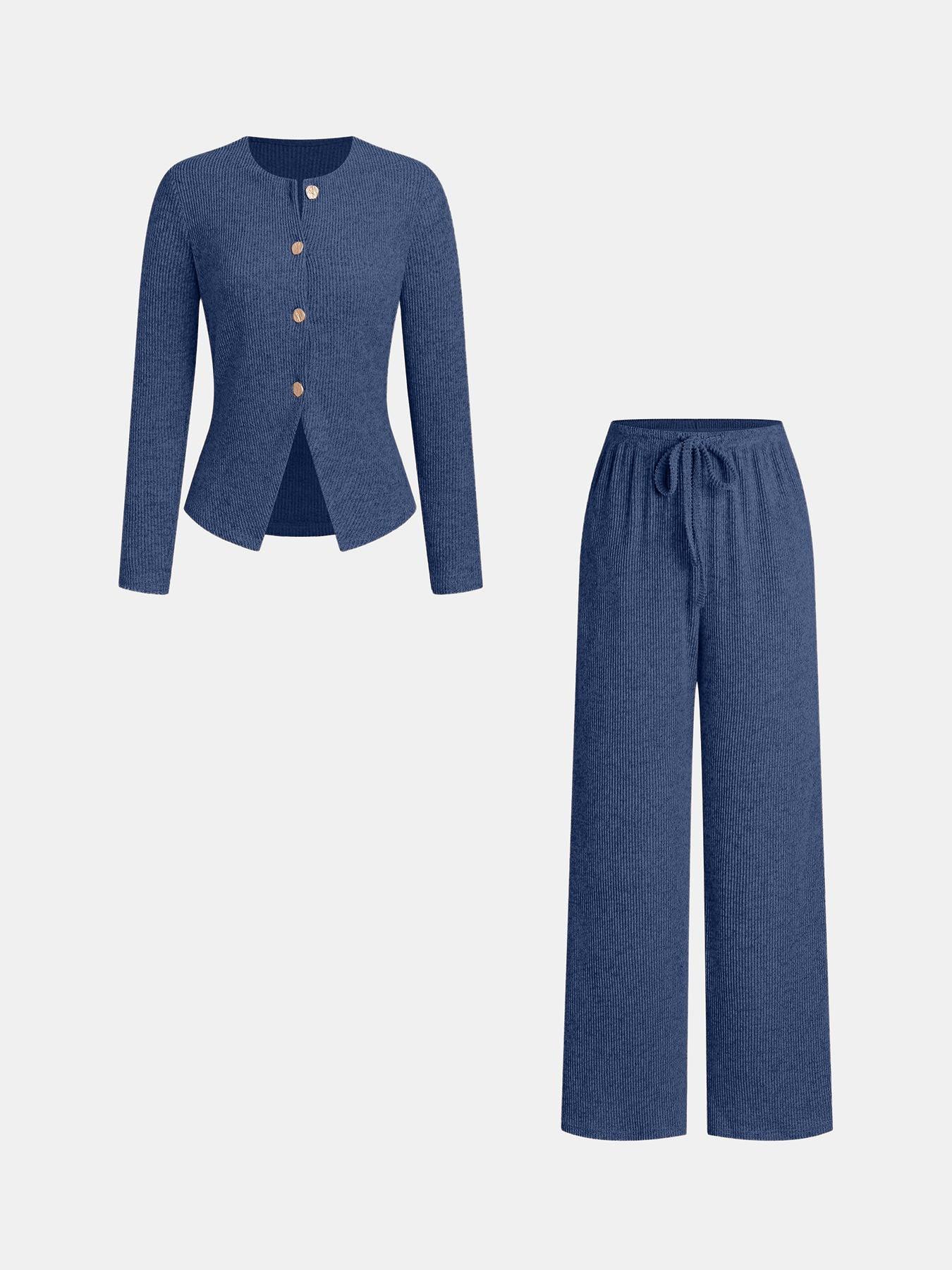 Women's Autumn Winter Set, Knitted Long Sleeve Boat Neck Top with Buttons & Ribbed Long Pants, Casual Loose Fit for Ladies