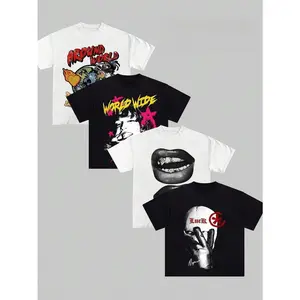 Oversized Streetwear T-Shirt Set, Soft Cotton Round Neck Unisex Casual Tees, Retro "Around the World" & "World Wide" Graphic Bundle, Bold Lip & Ski Mask Prints, Versatile Alt & Hip-Hop Style Apparel for Outdoor Trips & Daily Street Styling