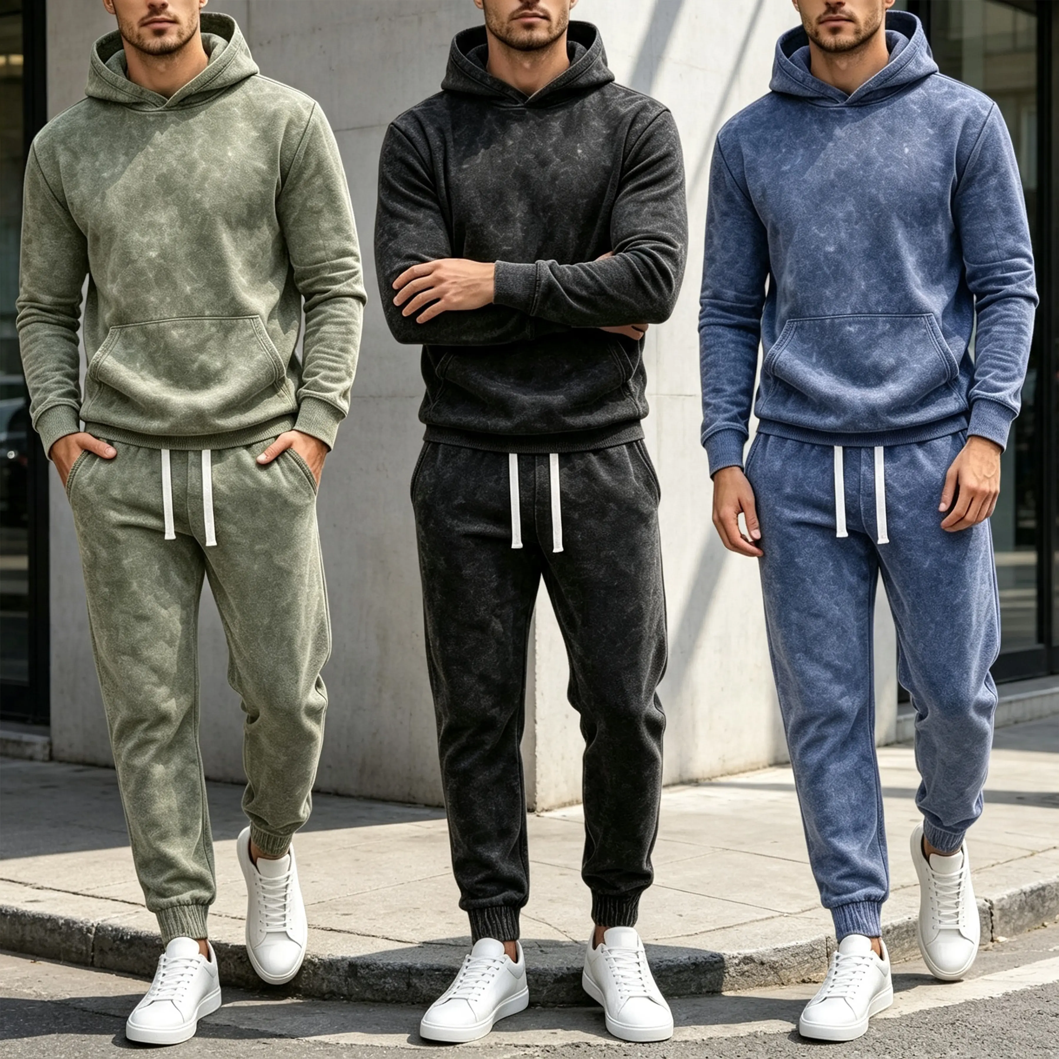 Men's Vintage Snow Mineral Wash 2-Piece Hoodie & Jogger Set, Premium Cotton Blend Midweight French Terry Sweatsuit, Relaxed Fit Deep Pockets Streetwear Tracksuit for Fall Winter, Gift for Boyfriend
