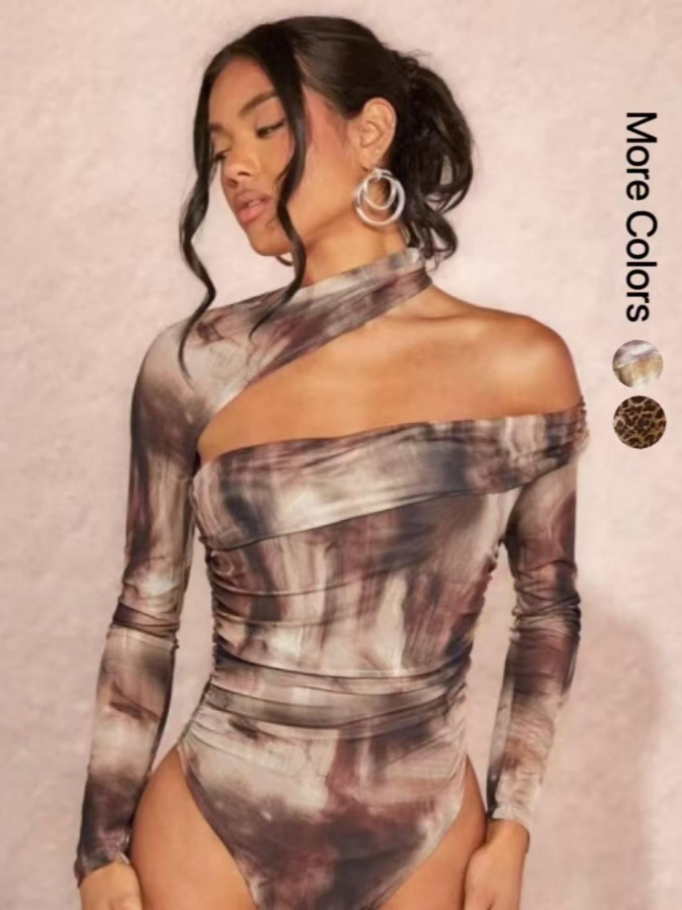 Women's All Over Print Bodysuit, Elegant Fashion Long Sleeve Bodysuit for Club Party, Women's Clothing for Spring & Fall